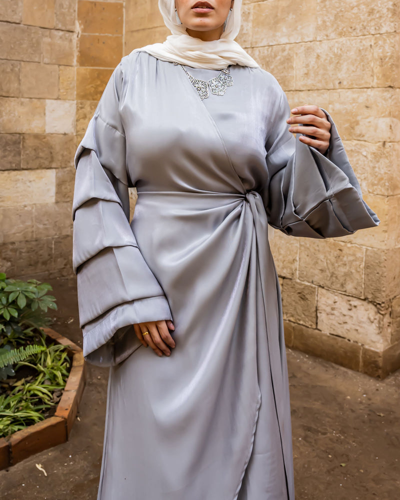 Pleated Sleeves Shimmer Dress-Grey