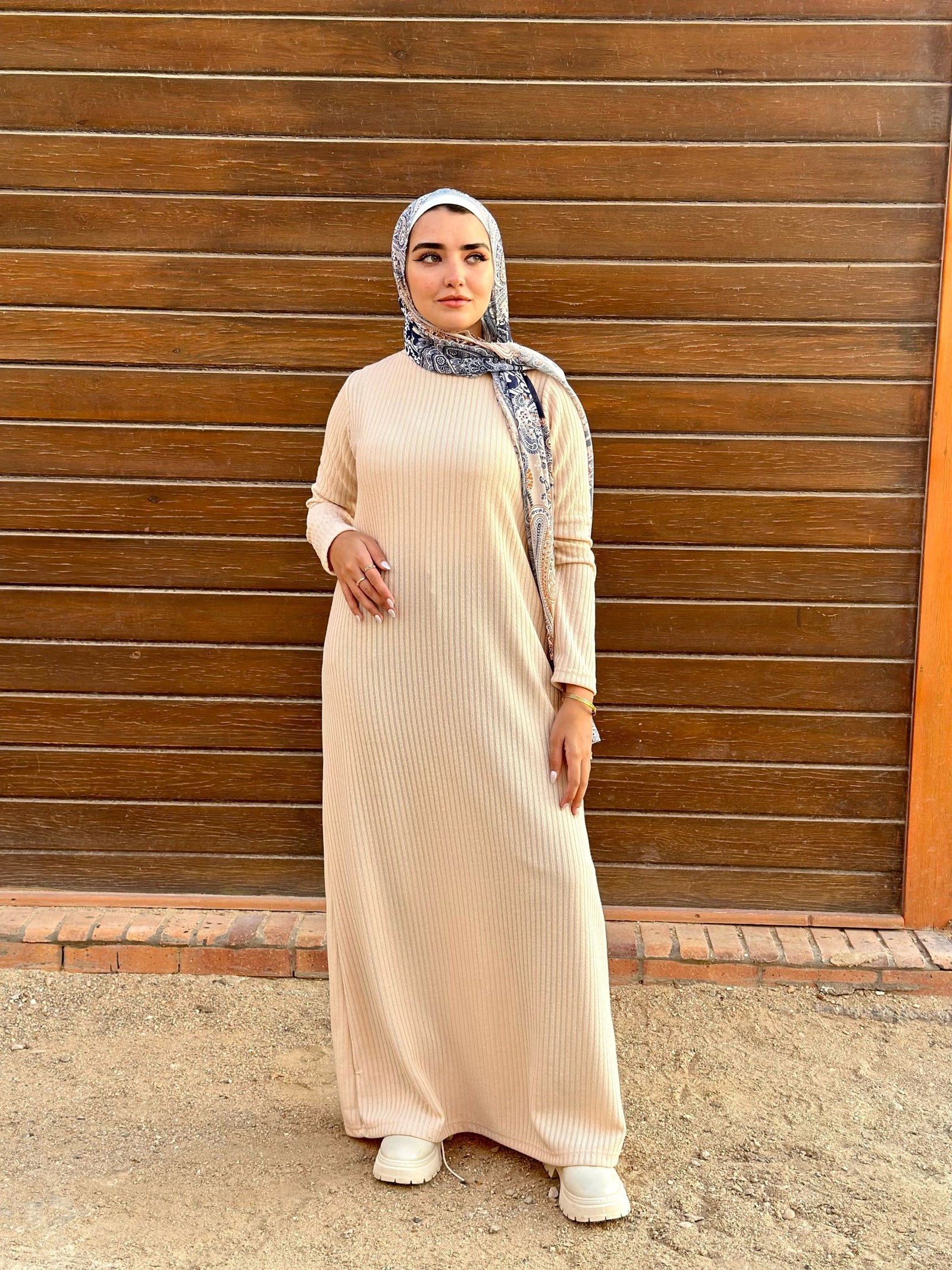 Ribbed Basic Dress-Beige Hijab Boutique Ribbed Basic Dress-Beige Hijab Boutique