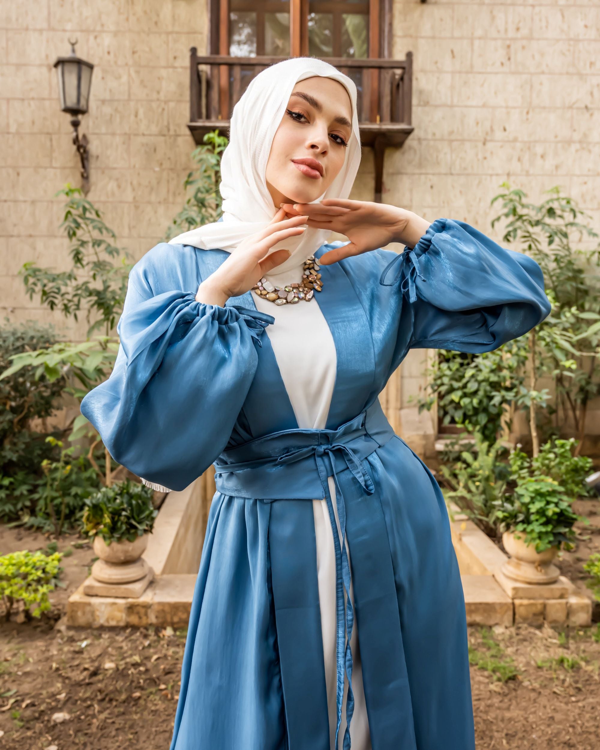 Shimmer Belted Kaftan-Blue