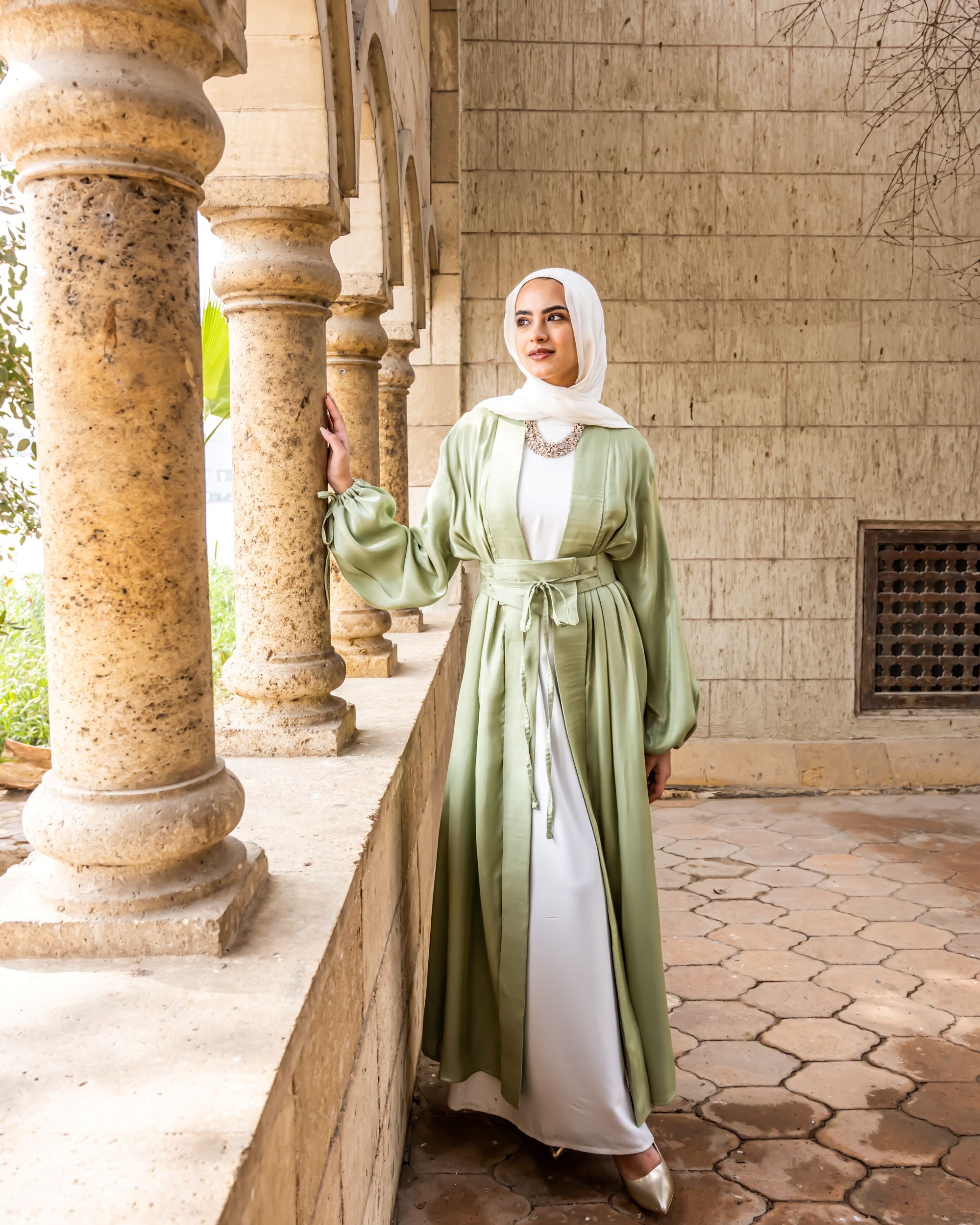 Shimmer Belted Kaftan-Green