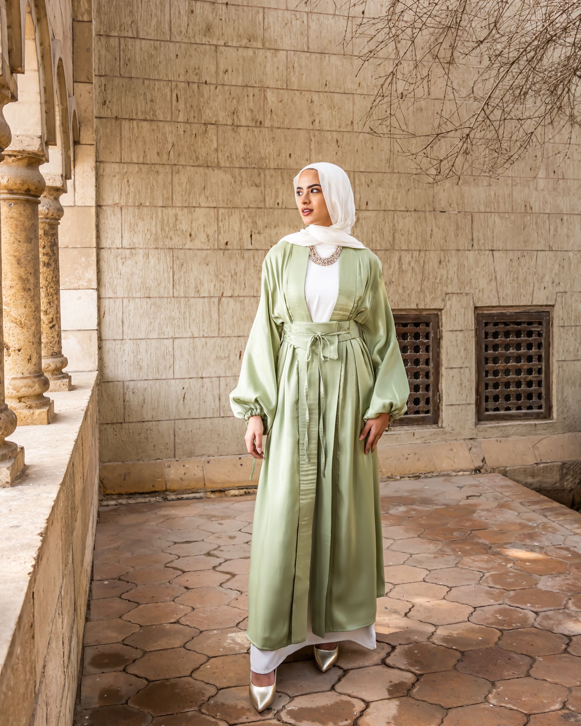 Shimmer Belted Kaftan-Green