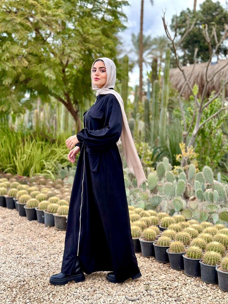 Suede Cargo Abaya-Black