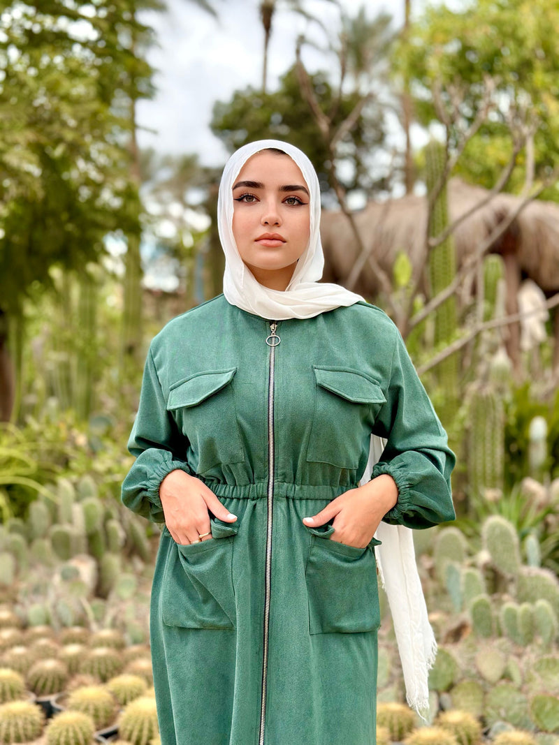 Suede Cargo Abaya-Mint