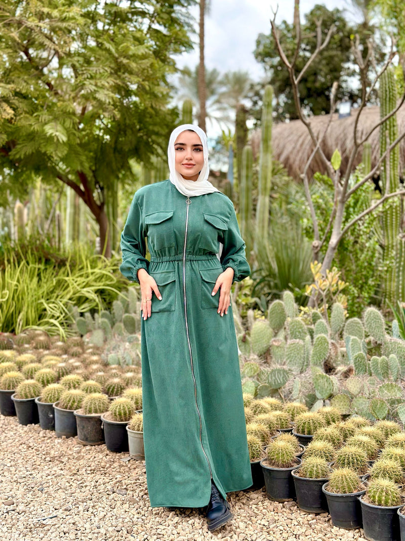 Suede Cargo Abaya-Mint