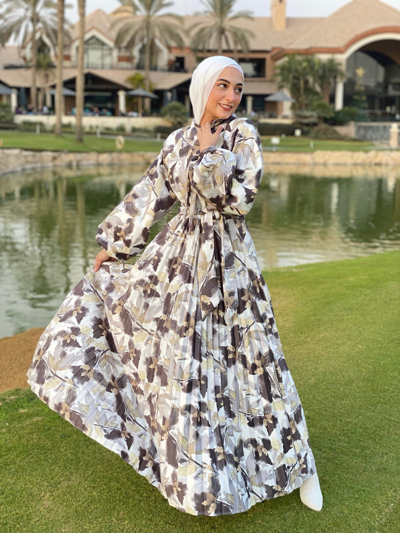 Suede Tie-Neck Dress-Floral Offwhite Hijab Boutique Suede Tie-Neck Dress-Floral Offwhite Hijab Boutique