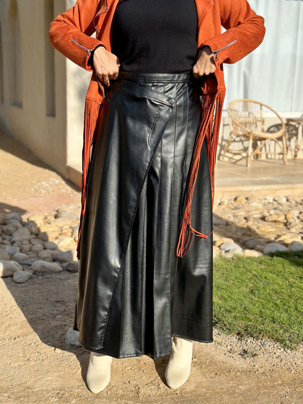 Wrap Leather Skirt-Black