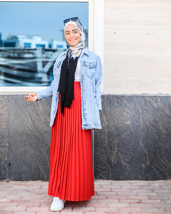 Solid Pleated Skirt-Red