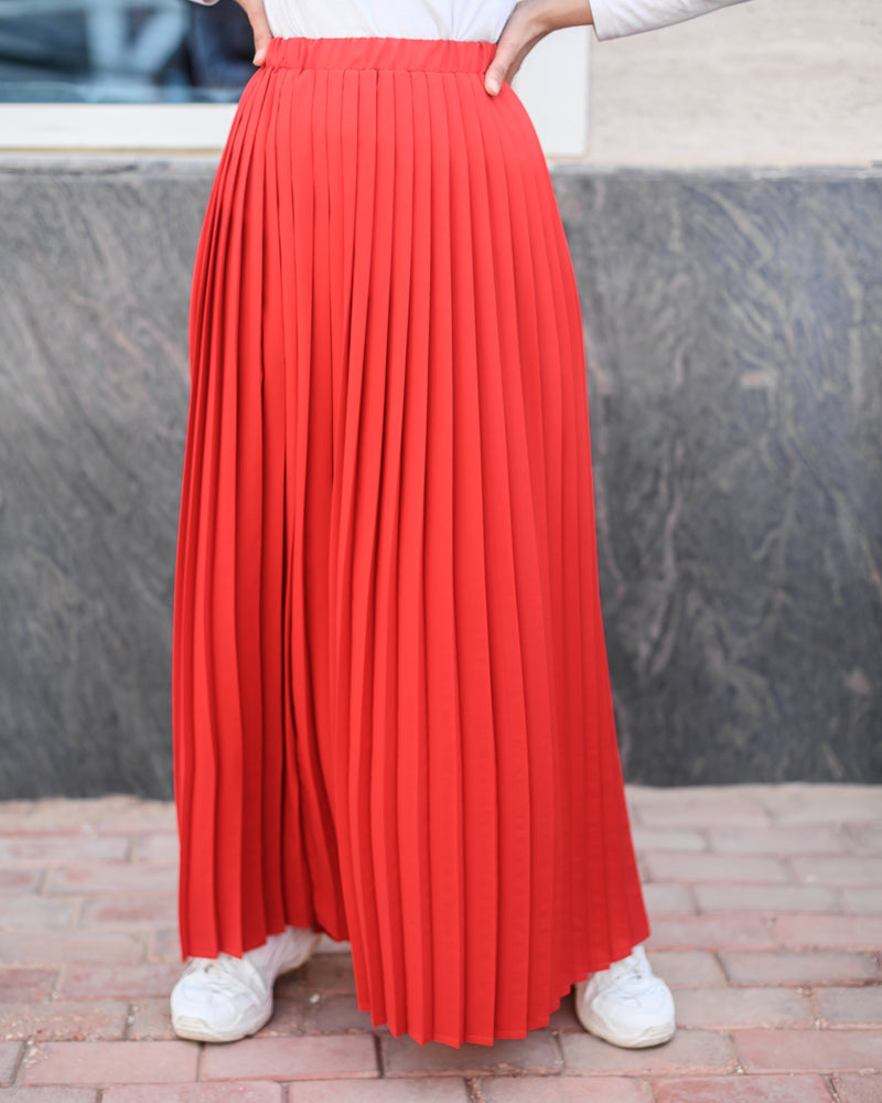 Solid Pleated Skirt-Red