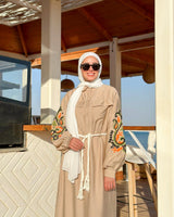 Embroidered Sleeves Dress-Beige