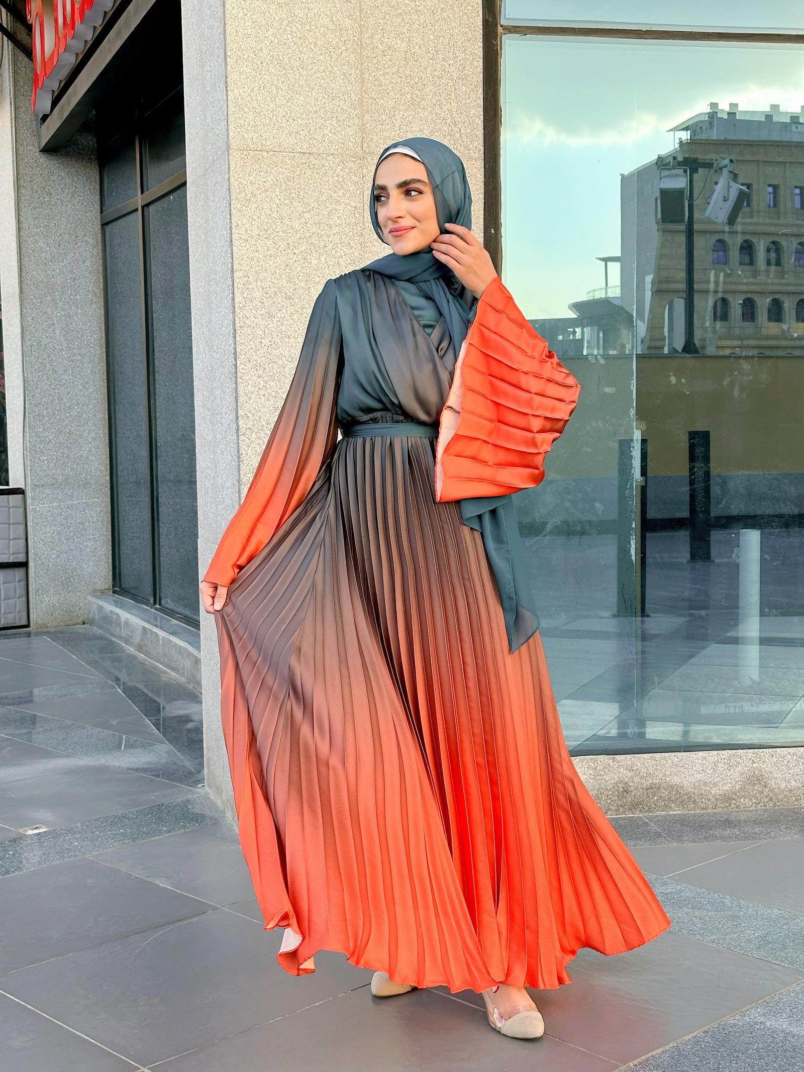 Gradient Pleated Satin Dress-Orange (available only at stores) – Hijab  Boutique