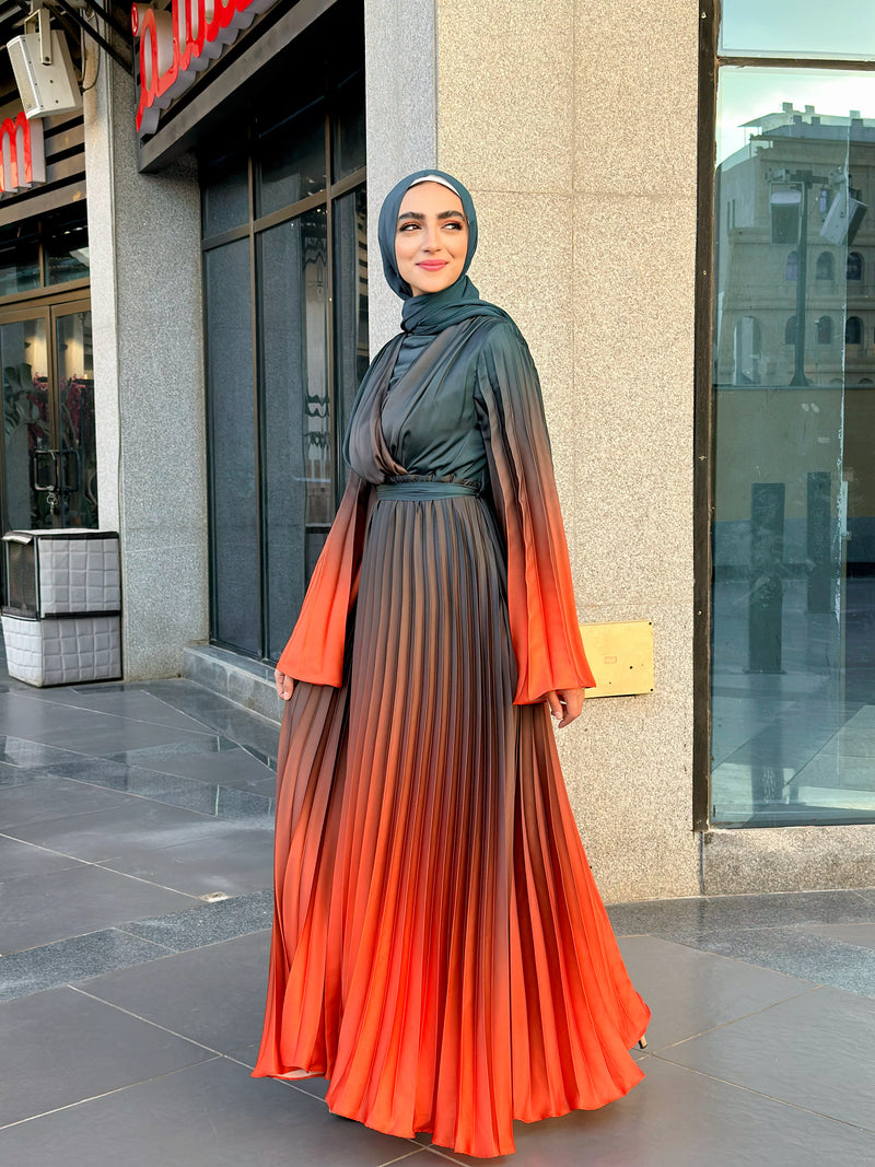 Gradient Pleated Satin Dress-Orange (available only at stores)